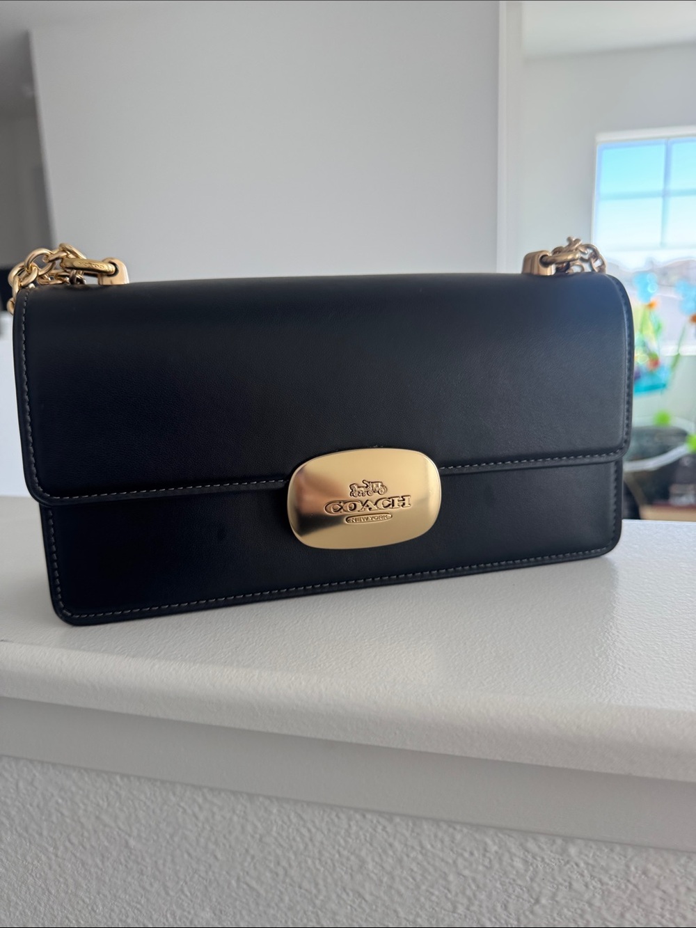 Coach Black Leather Crossbody with Gold-Tone Plaque